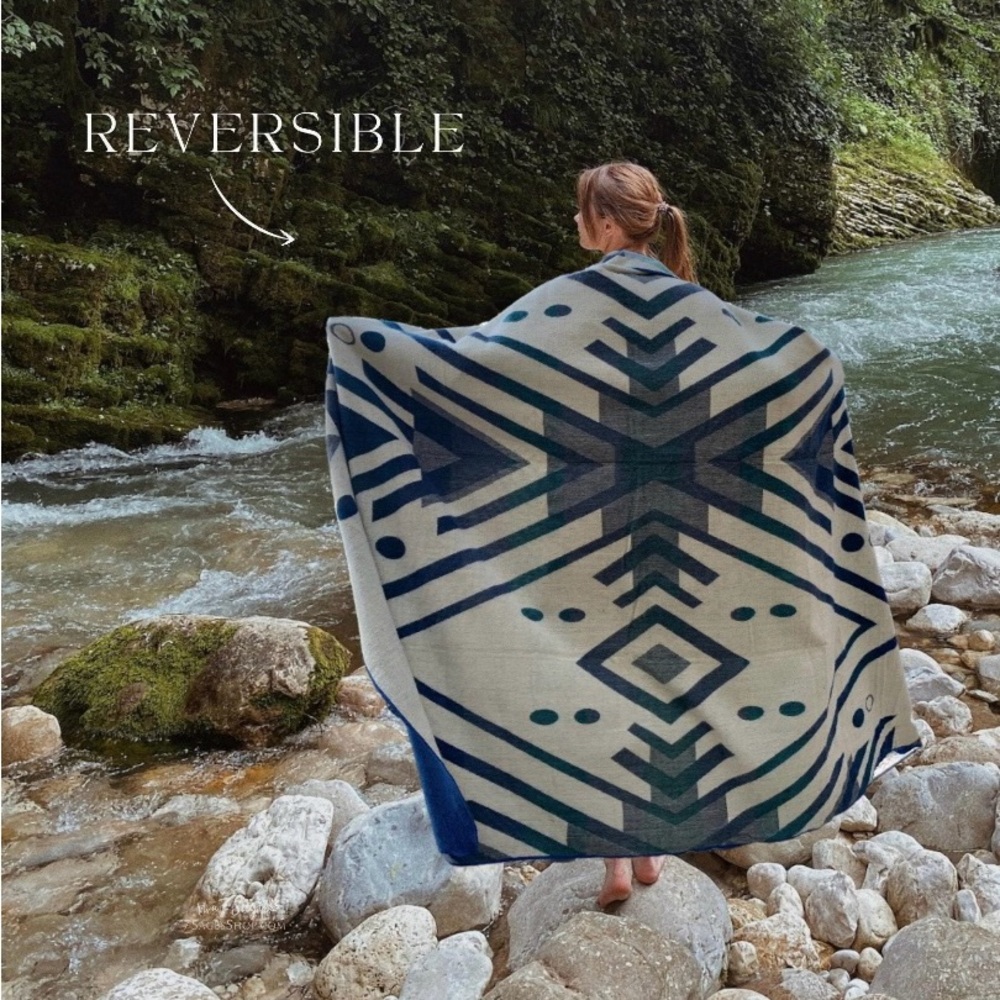Alpaca Wool Blue Geometric Pattern Blanket. Handmade from Ecuador. New/Queen - Picture 2 of 5